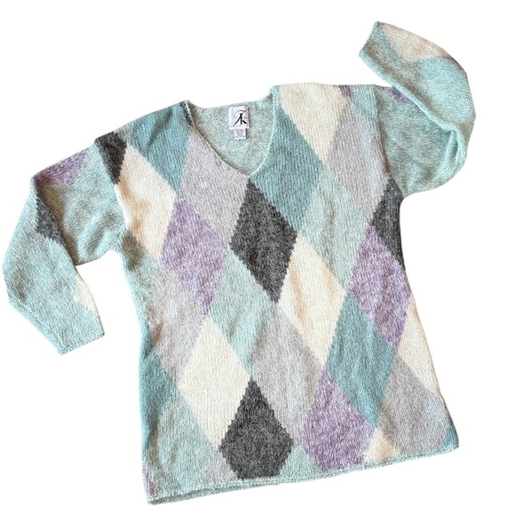Vintage Mohair Blend Argyle Sweater 90s Pastel Knit Made In Hong Kong Cozy - Picture 8 of 12